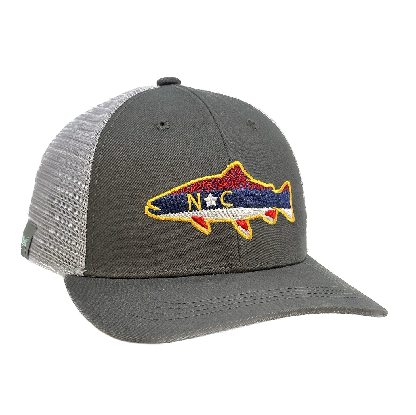A dary gray front light gray mesh back hat with a trout hspaed patch of the north carolina flag, with brook trout vermiculation at the top of the design to mimic a brook trout