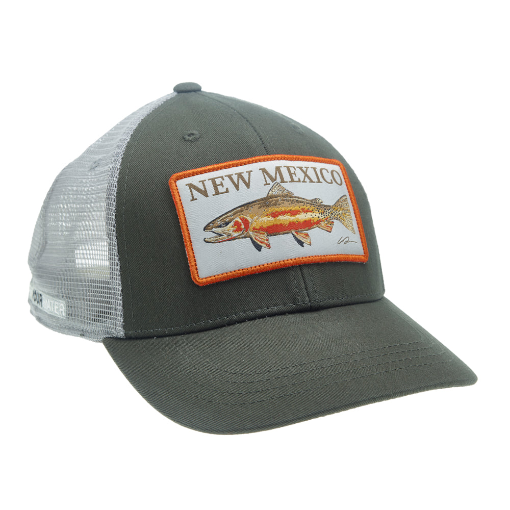 A hat with gray mesh in back and green fabric in front has a rectangular patch that says new mexico with a cutthroat trout beneath it
