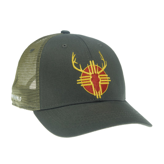 A hat with green mesh in back and green fabric in front features an elk skull and a zia symbol on the front