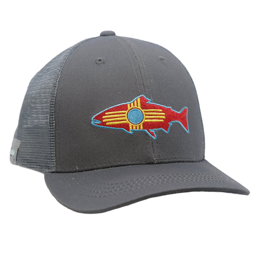 A hat with gray mesh in back and gray fabric in front has a trout with a zia symbol inside it on the front