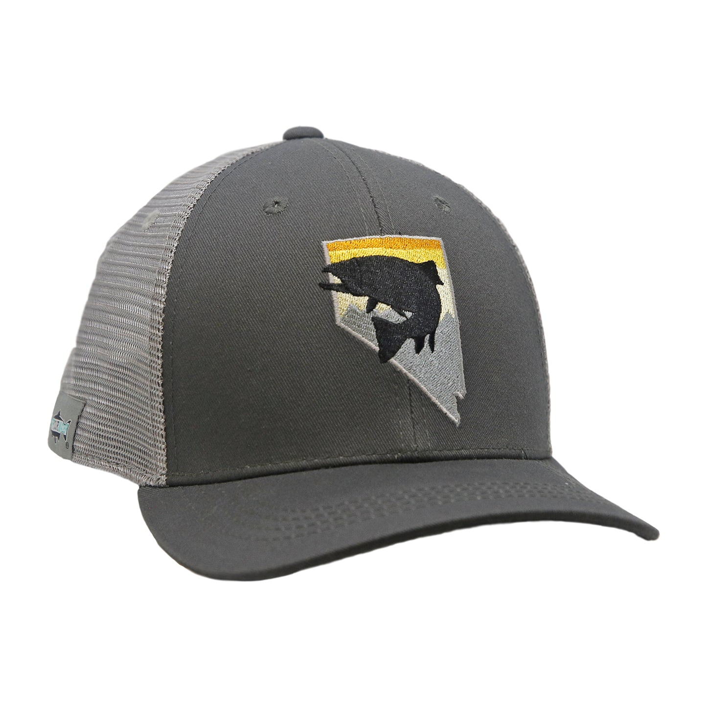 A hat with gray mesh in back and gray fabric in front has the state of nevada with a trout inside of it