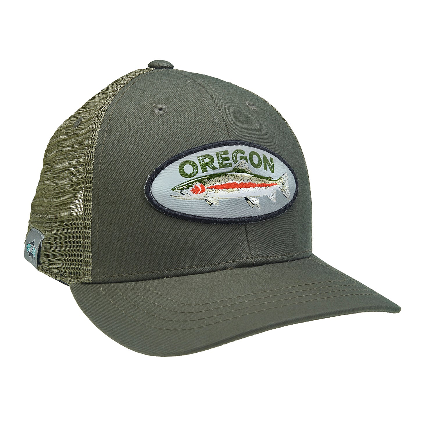 A hat has green mesh in back and green fabric in front with an oval shaped patch on front that says oregon with a rainbow trout below it