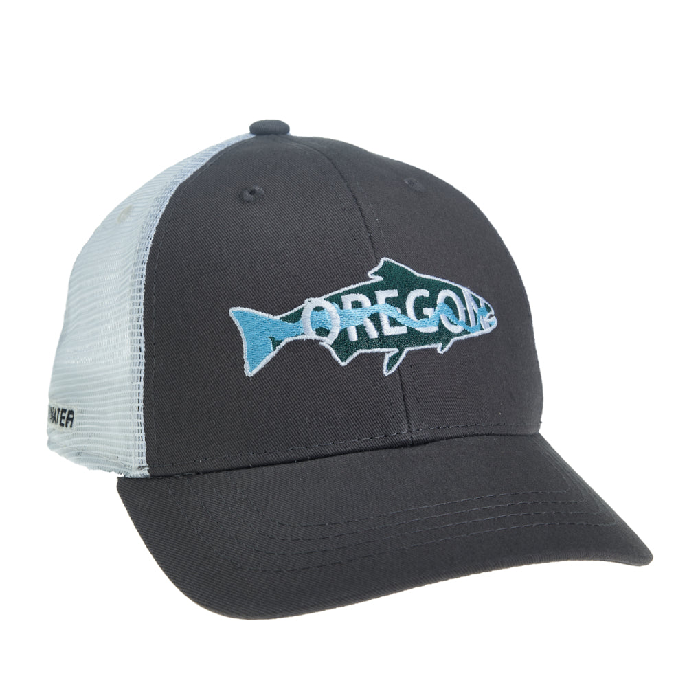 A hat with white mesh in back and gray fabric in front has a trout that says oregon inside of it with a river running through the letters