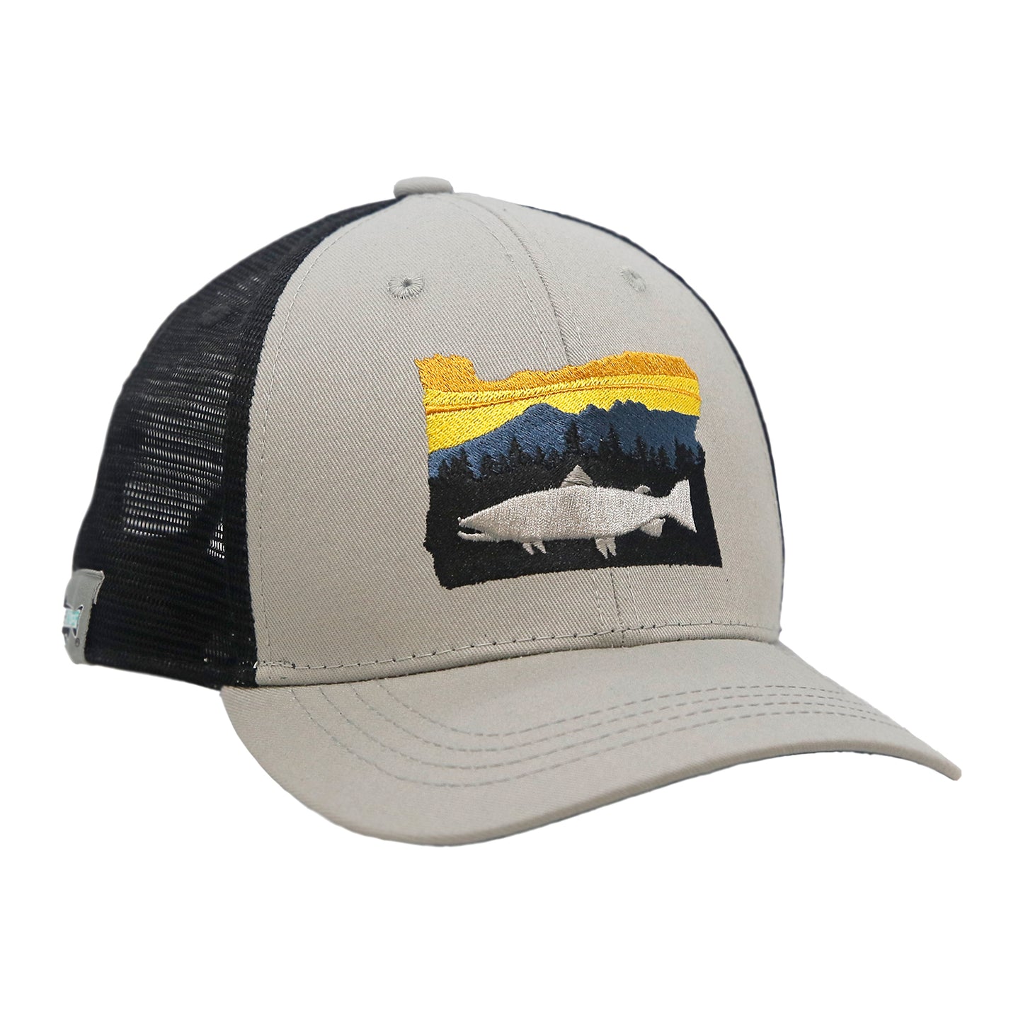 A hat with black mesh in back and gray fabric in front has embroidery in the shape of oregon stsate with a trout in front of trees mountains and a sunset