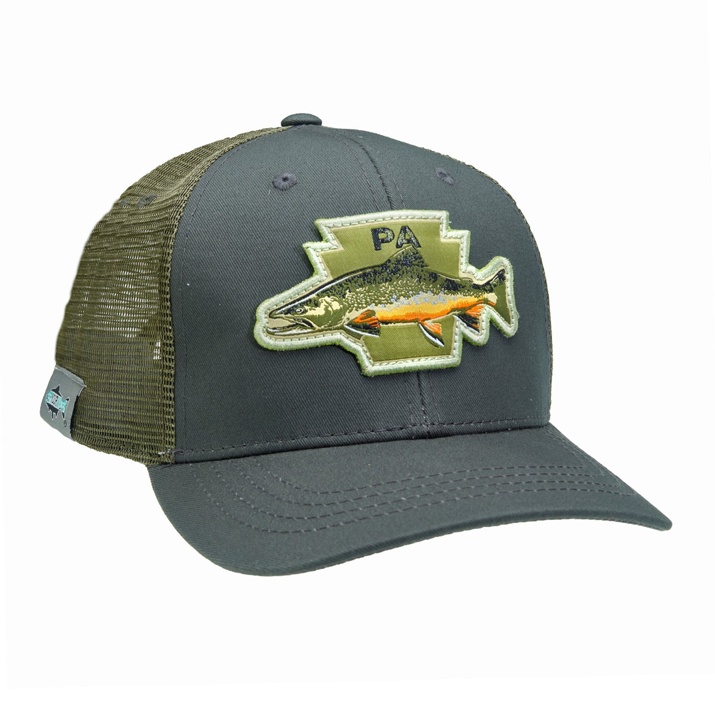 A hat with green mesh in the back and green fabric in front has a patch featuring a brook trout on top of a keystone shape and the letters PA
