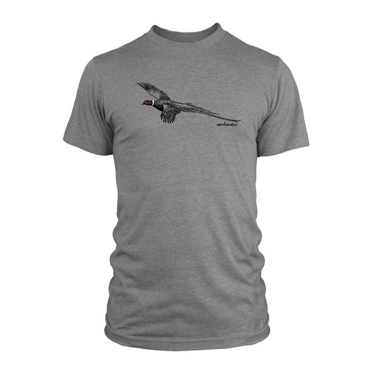 A gray short sleeved tee shirt has a flying pheasant on the front chest and reads repyourwild