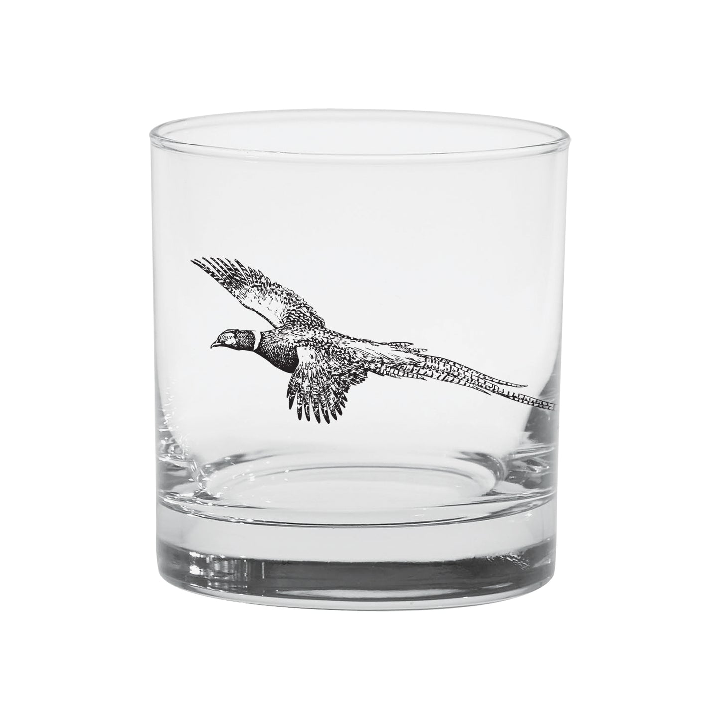 A lowball cocktail glass has a black and white drawing of a pheasant