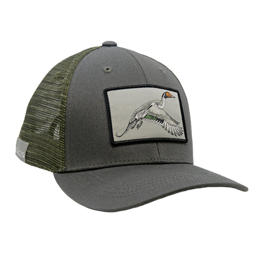 A hat with green mesh in the back and gray fabric in front has a patch with a flying duck in it