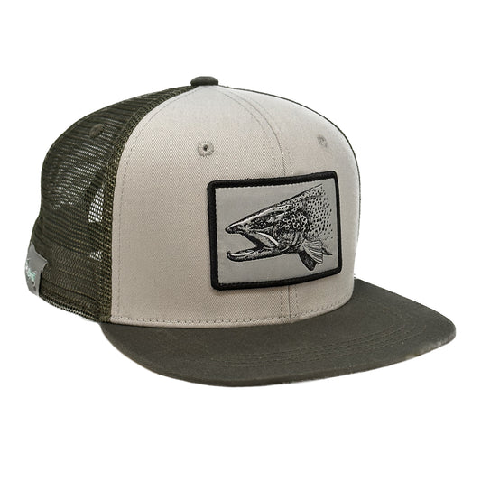 A light gray front, forest green mesh back hat with a patch of a a pen and ink brown trout head