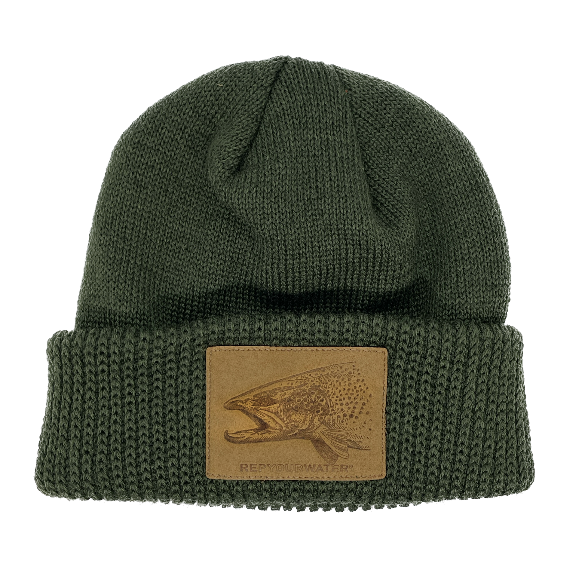 A green winter hat with a cuff has a suede patch featuring a brown trout head on it