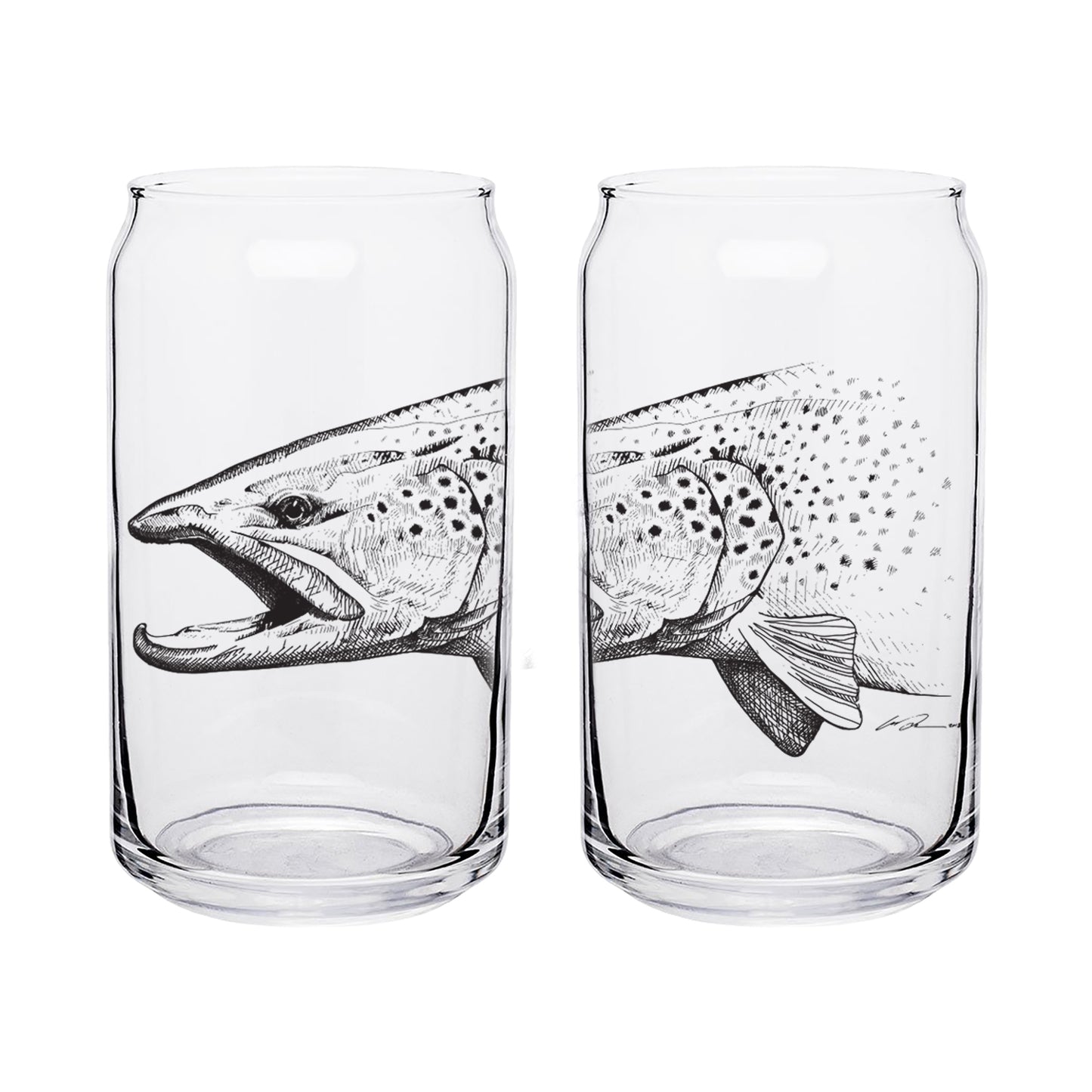 Two clear beer can glasses that features trout head in black ink