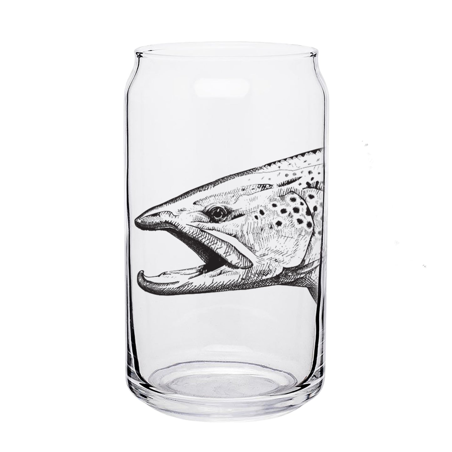 A clear glass shaped as beer can that features trout head design in black ink