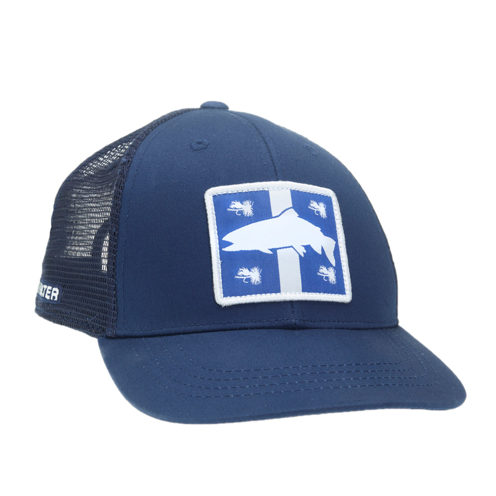 A hat with dark mech back and navy front with patch of Quebec flag dry flies and fish silhouette 
