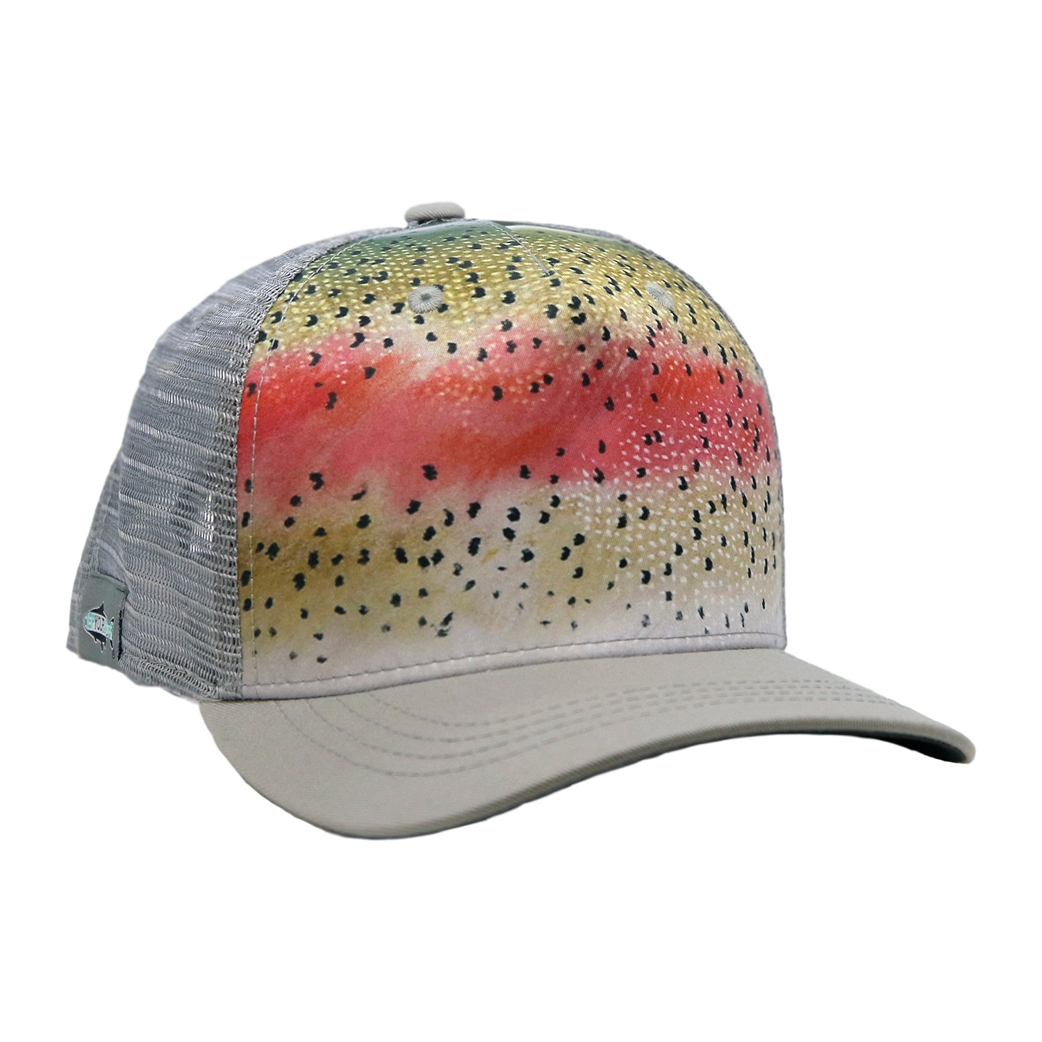 A hat with light grey mesh back and rainbow trout print front with repyourwater logo on the side