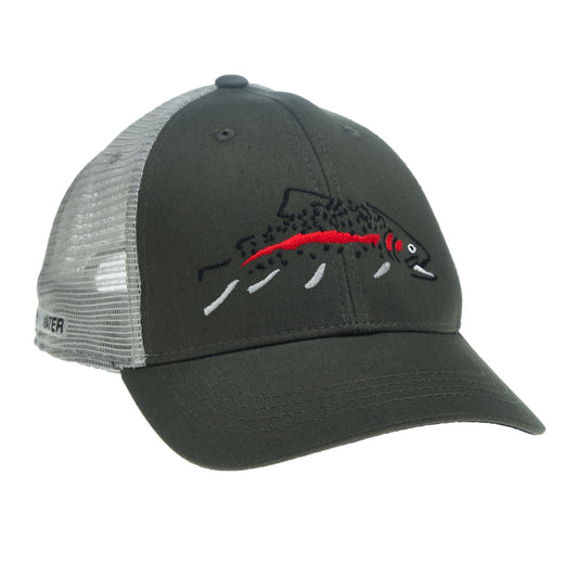 A hat with light gray mesh in the back, green fabric in the front and an embroidered, stylized rainbow trout on the front.