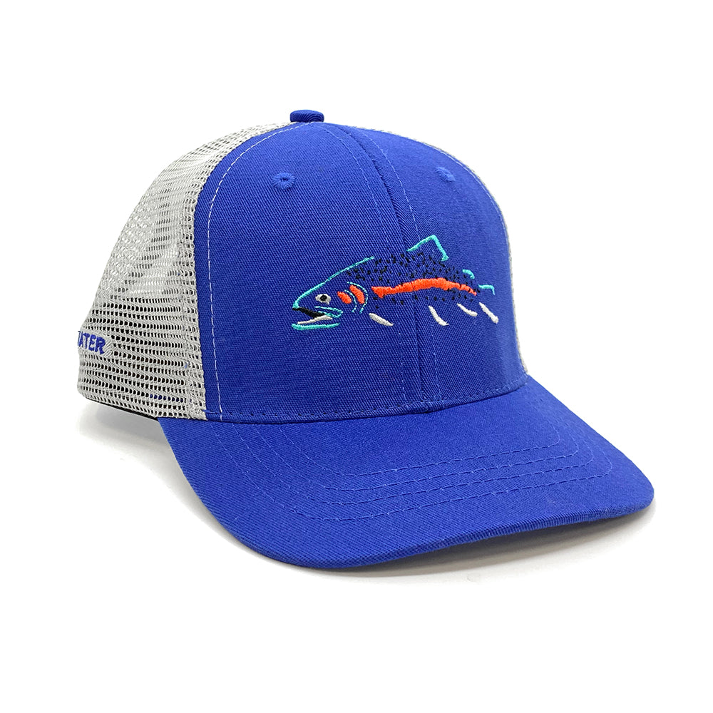 A hat with light gray mesh in the back, bright blue fabric in the front and an embroidered design on the front of a stylized rainbow trout.