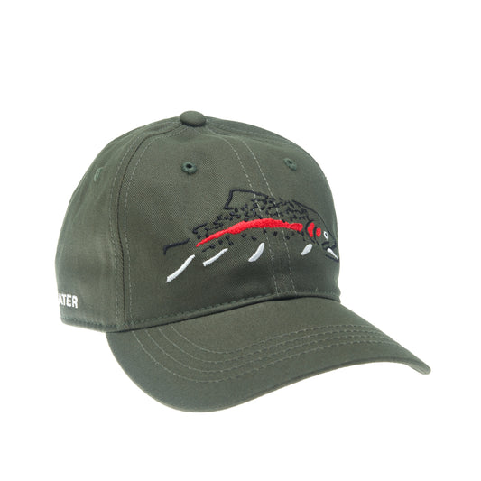 A full fabric green hat with an embroidered, stylized, rainbow trout on the front. 