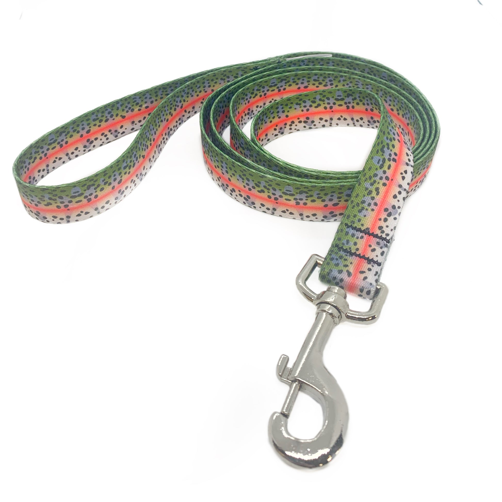 A dog leash with black metal clip in rainbow trout print