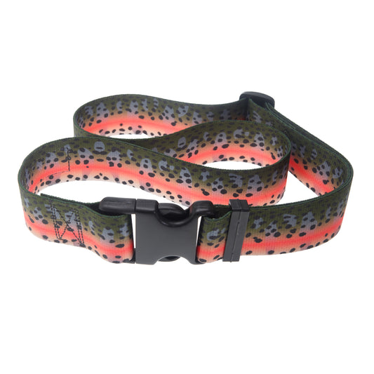 a wading belt with rainbow trout print imitation and black buckle