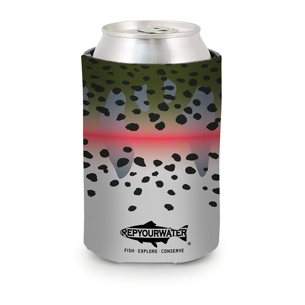 Coozie with rainbow trout print and trout silhouette with repyourwater inside and fish explore conserve below, holding a can 