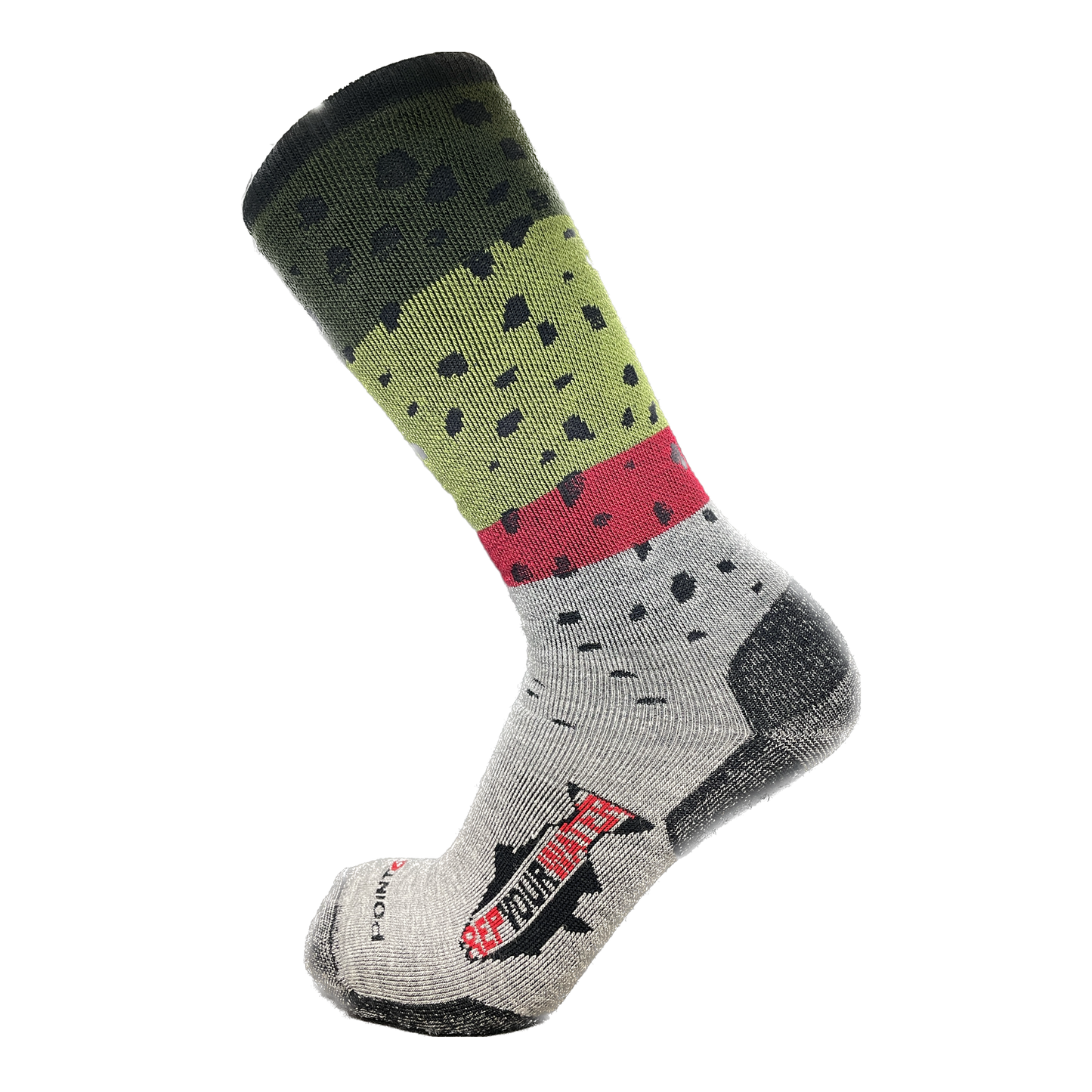 A sock with the pattern of a rainbow trout also has a logo on the foot that reads repyourwater in a trout silhouette