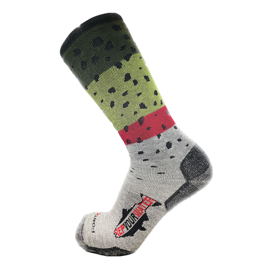 A sock with the pattern of a rainbow trout also has a logo on the foot that reads repyourwater in a trout silhouette
