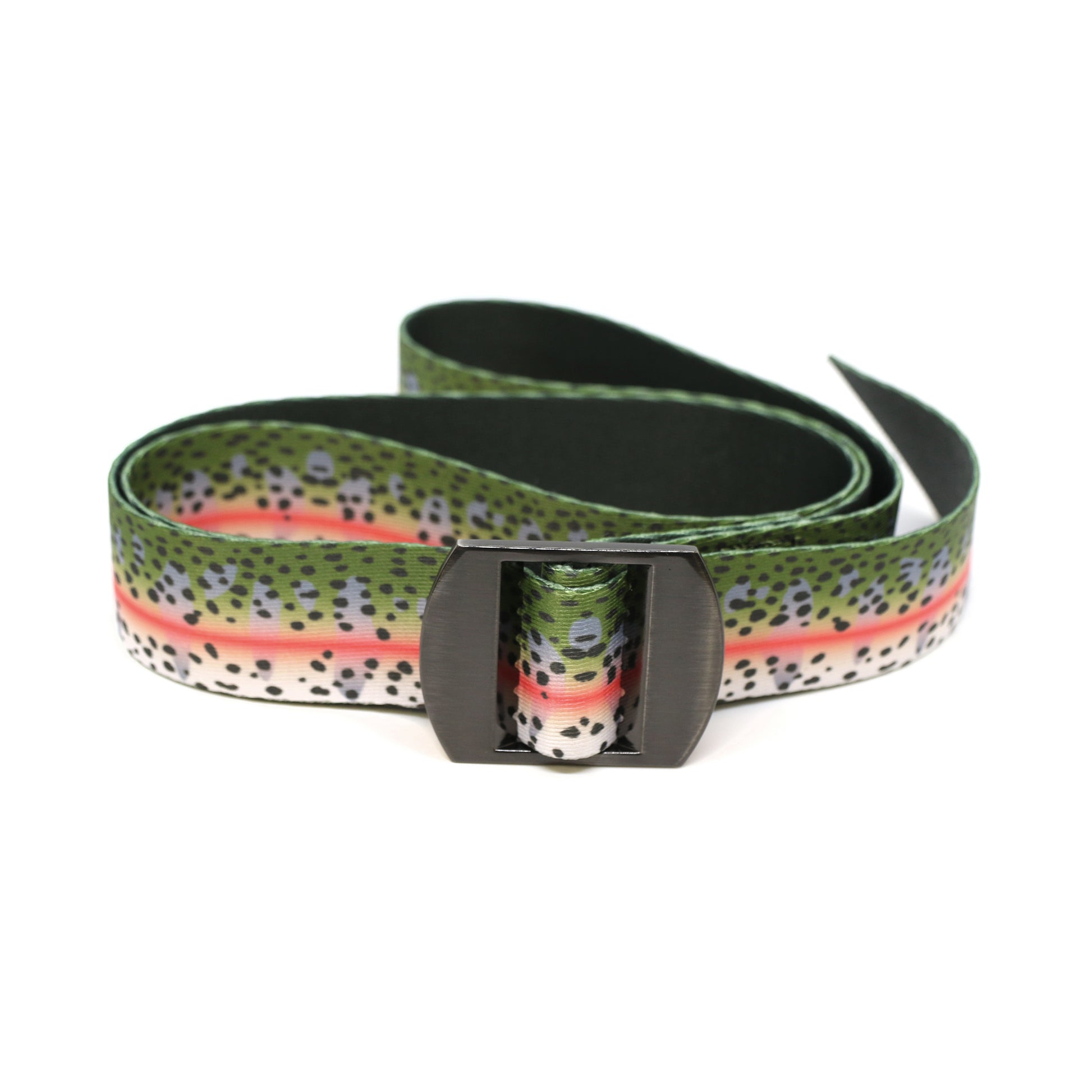 A nylon belt with a metal buckle has rainbow trout print