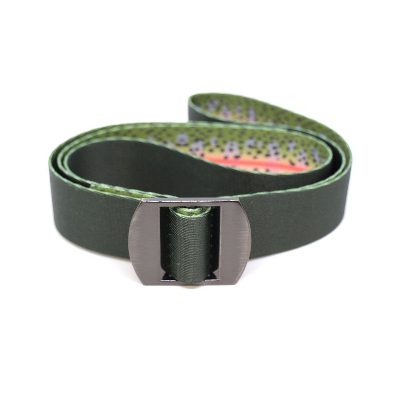 A nylon belt with a metal buckle has rainbow trout print, reversed to show the black backside of the belt