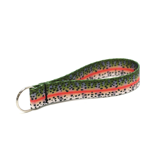 A key fob with silver metal key ring in rainbow trout print