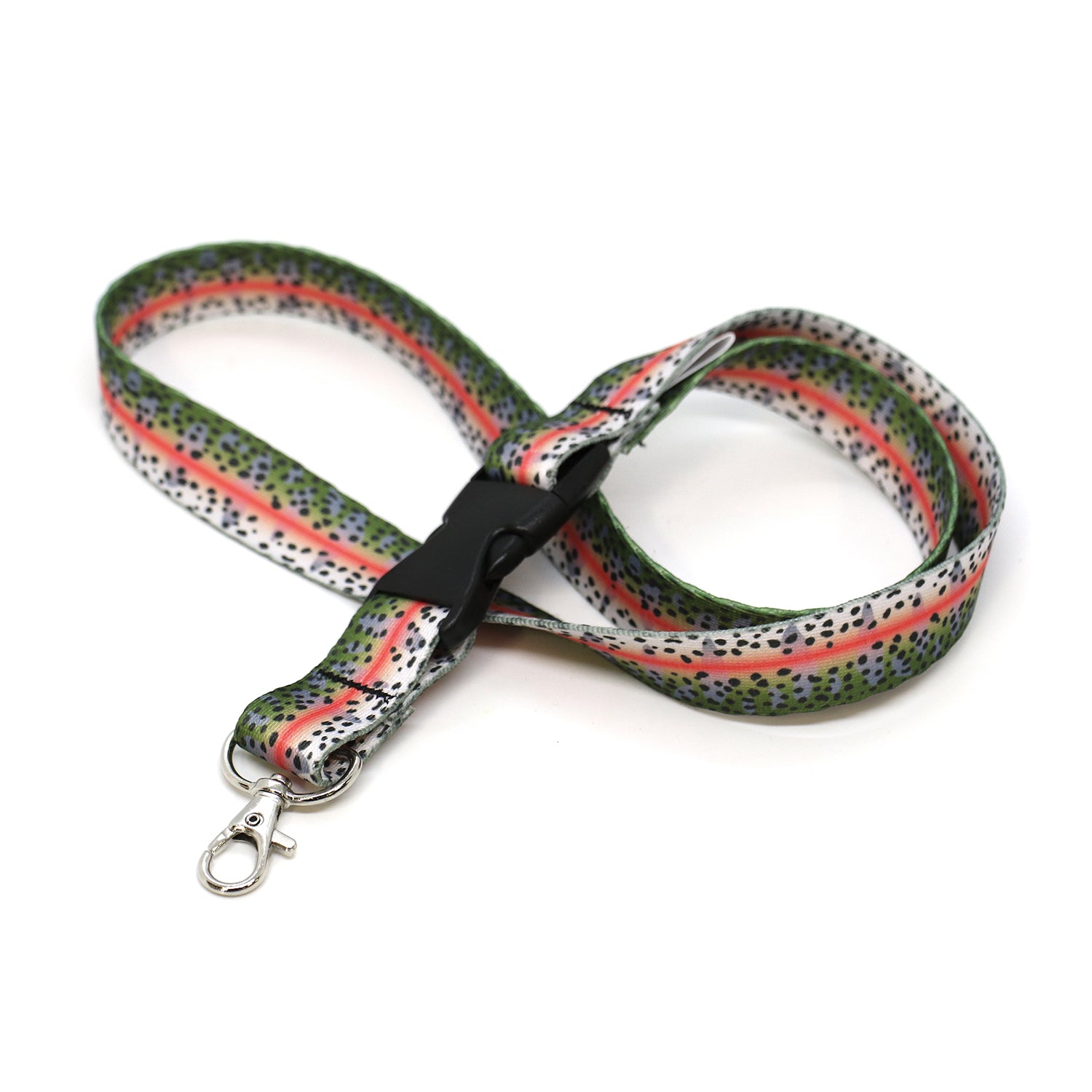 Lanyard with black buckle and silver metal clasp with pattern of a rainbow trout