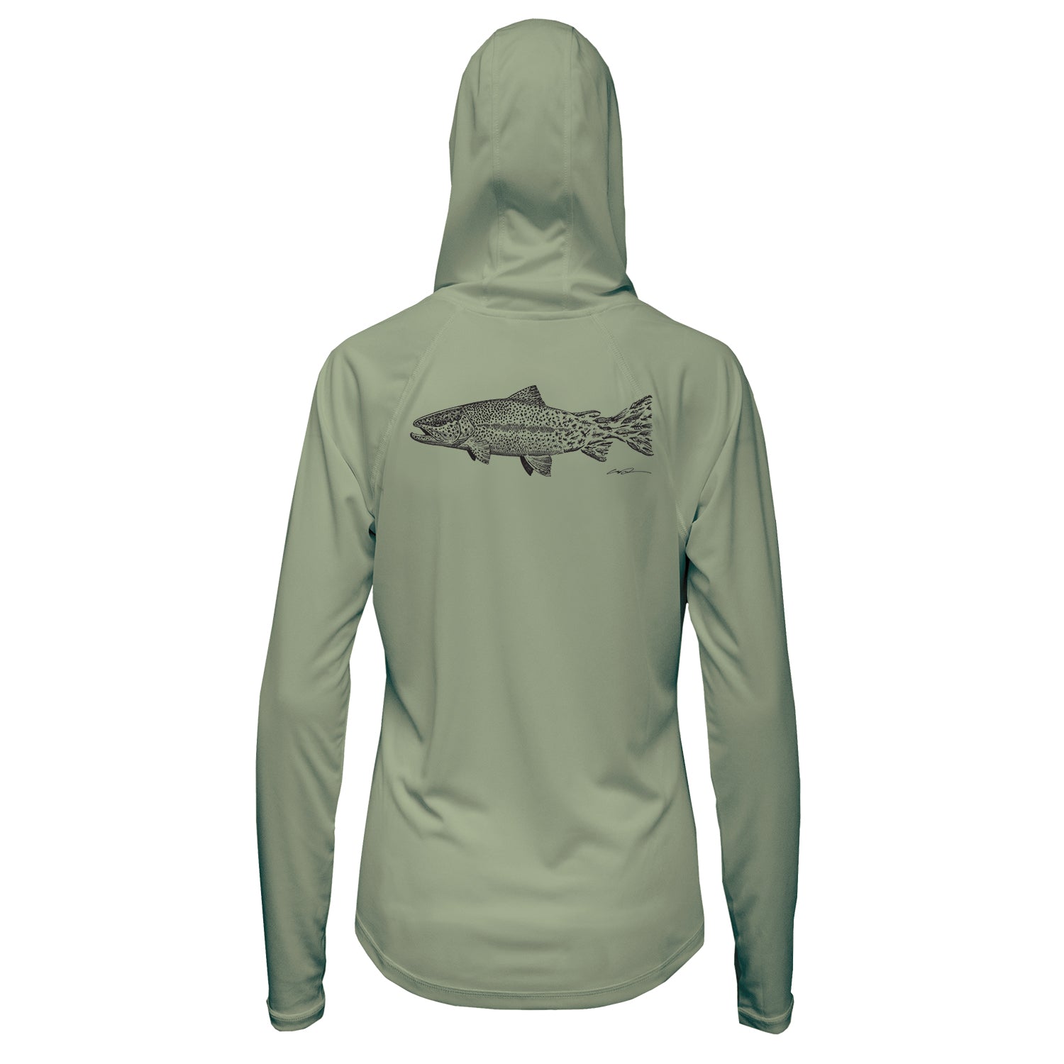 backside of green sun hoody with a rainbow trout that transitions into fishing flies towards the tail