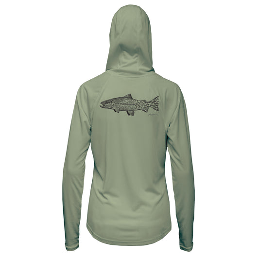 backside of green sun hoody with a rainbow trout that transitions into fishing flies towards the tail
