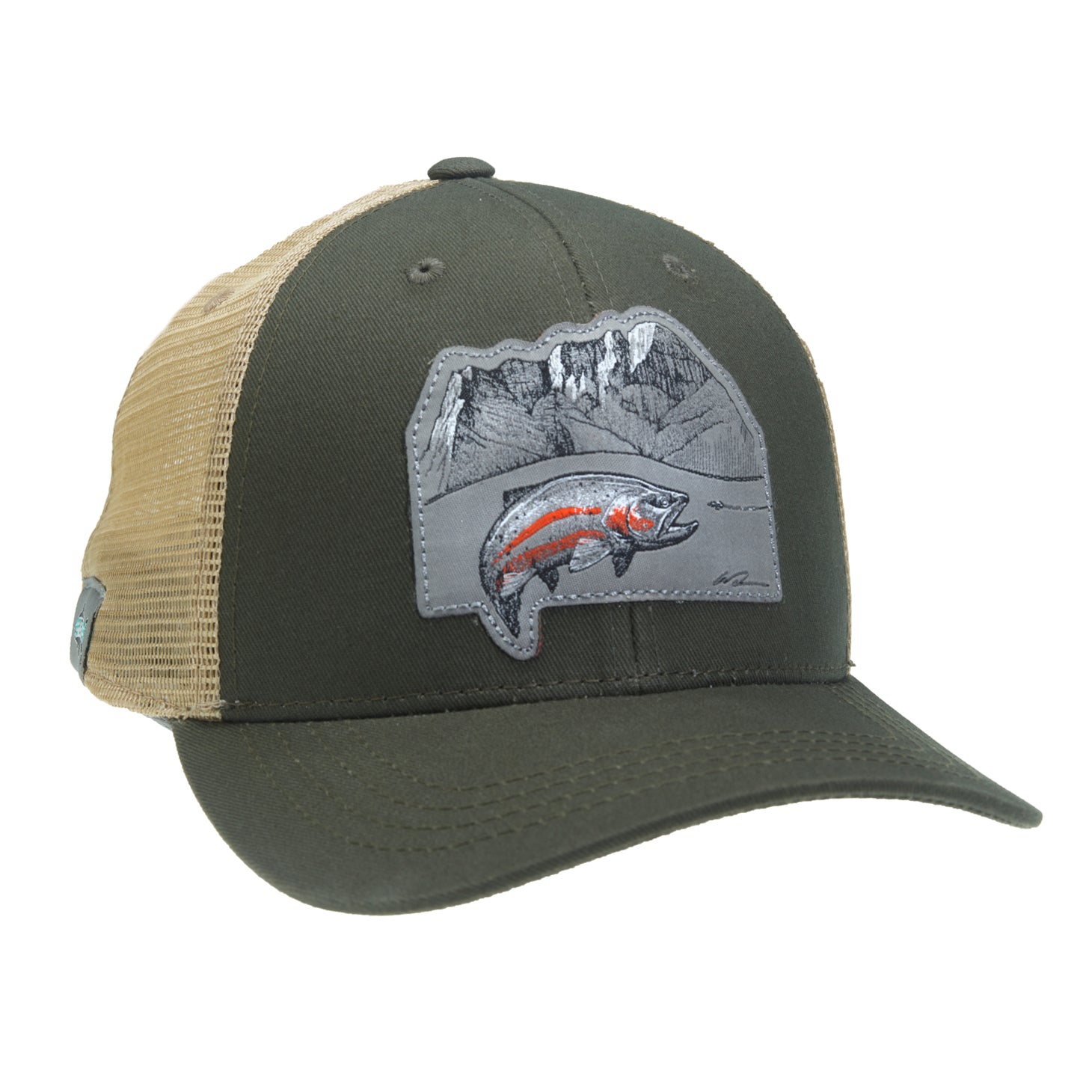 A hat with tan mesh in back and green fabric in front has a patch that shows a cutthroat trout chasing a fly in front of a mountain scene