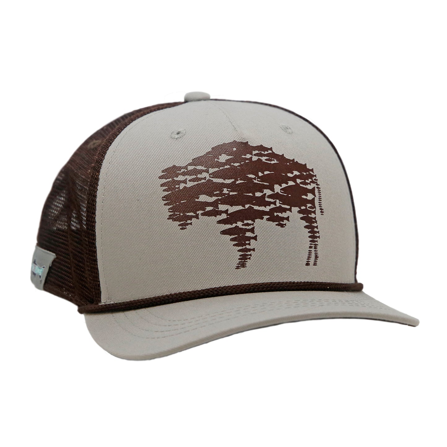 A hat with brown mesh and gray fabric has a trout in the shape of a buffalo on the front and a brown rope above the bill