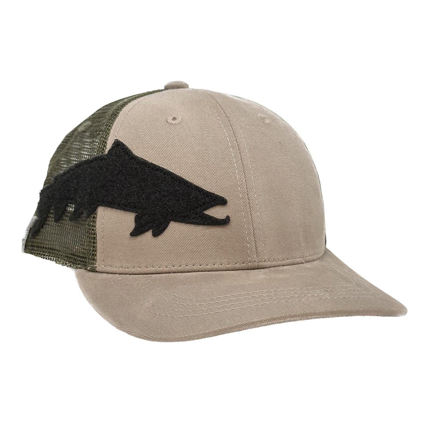A stone front with forest green mesh back hat with a black velcro fish on the side for placing flies and things