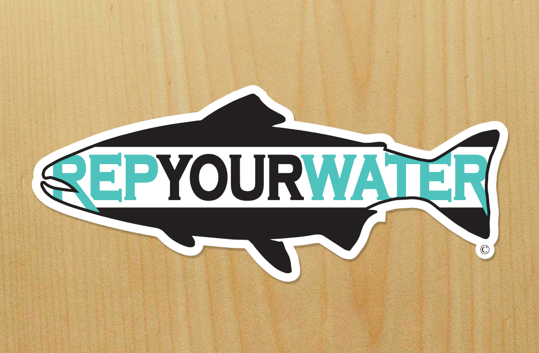 a sticker of trout silhouette in black with white bar throughout that reads repyourwater in teal and black