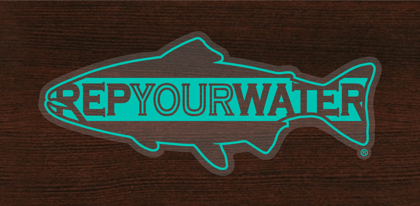 A sticker with clear background and trout silhouette that reads repyourwater in teal