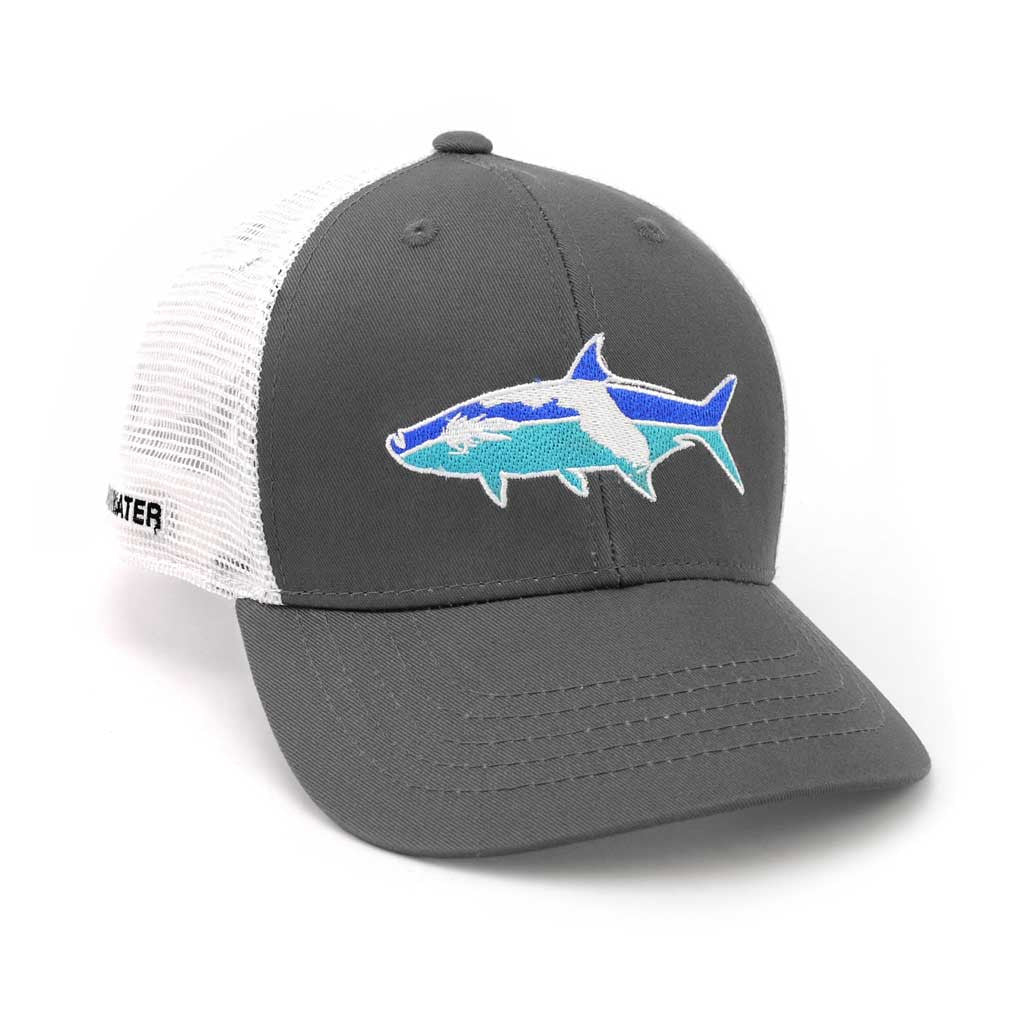 A hat with white mesh in the back, dark gray fabric front with an embroidered tarpon in blue and turquoise with the state of Florida and a fly inside of the fish.