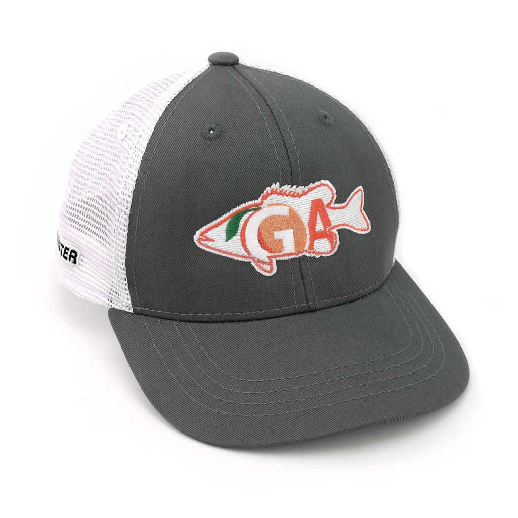 A hat with white mesh in the back and dark gray fabric in the front. Features an embroidered bass on the front with "GA" and a peach inside of the fish.