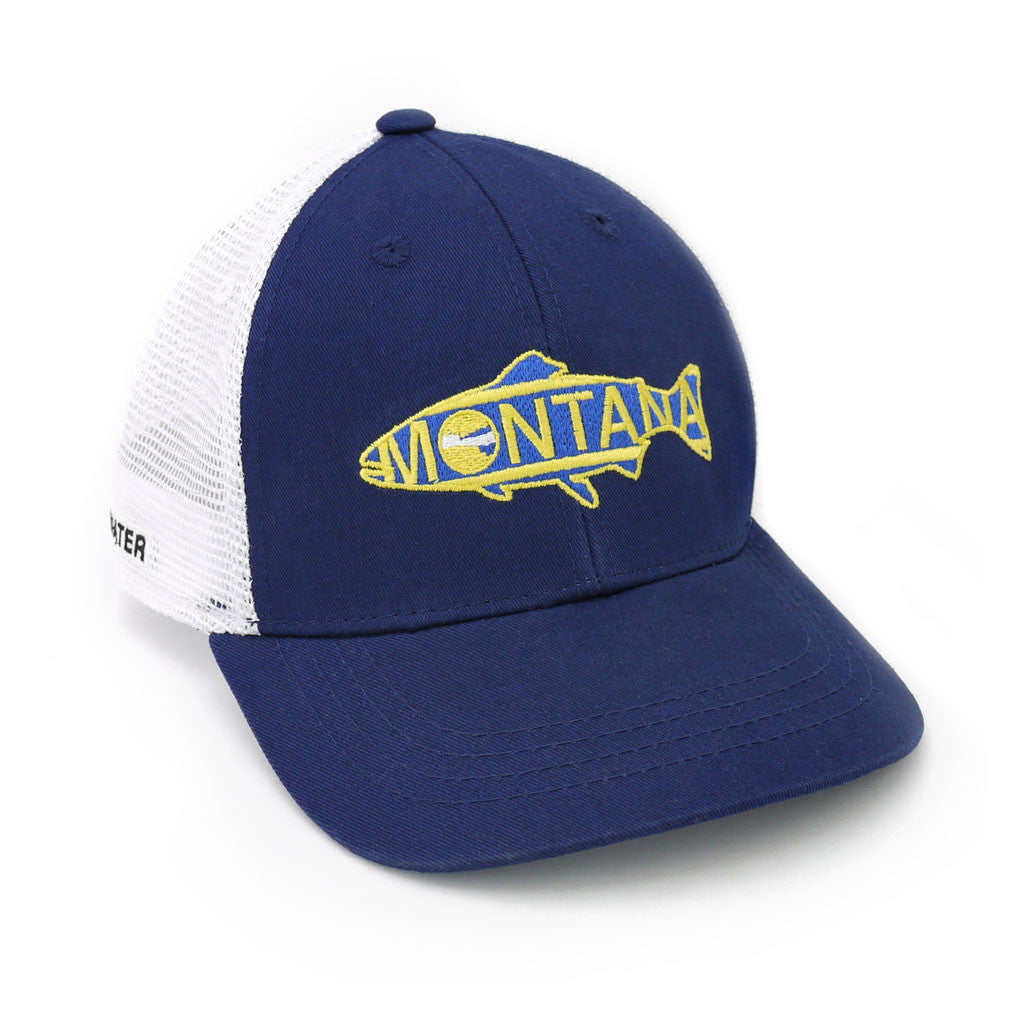 A hat with white mesh in the back, navy blue cloth in the front, and an embroidered design on the front that is the word "MONTANA" inside of a trout shape.