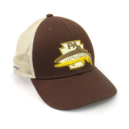 A hat with tan mesh in back and brown fabric in front has a brown trout on top of a keystone shape and the letters PA above it