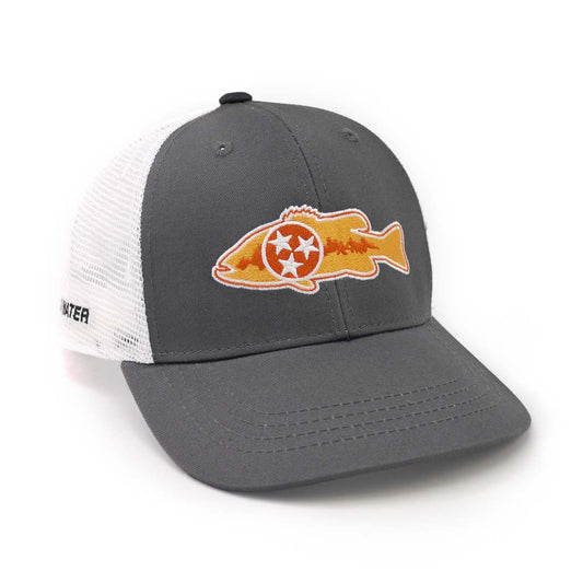 A hat with white mesh in back and gray fabric in front features a bass with three stars inside a circle inside of it