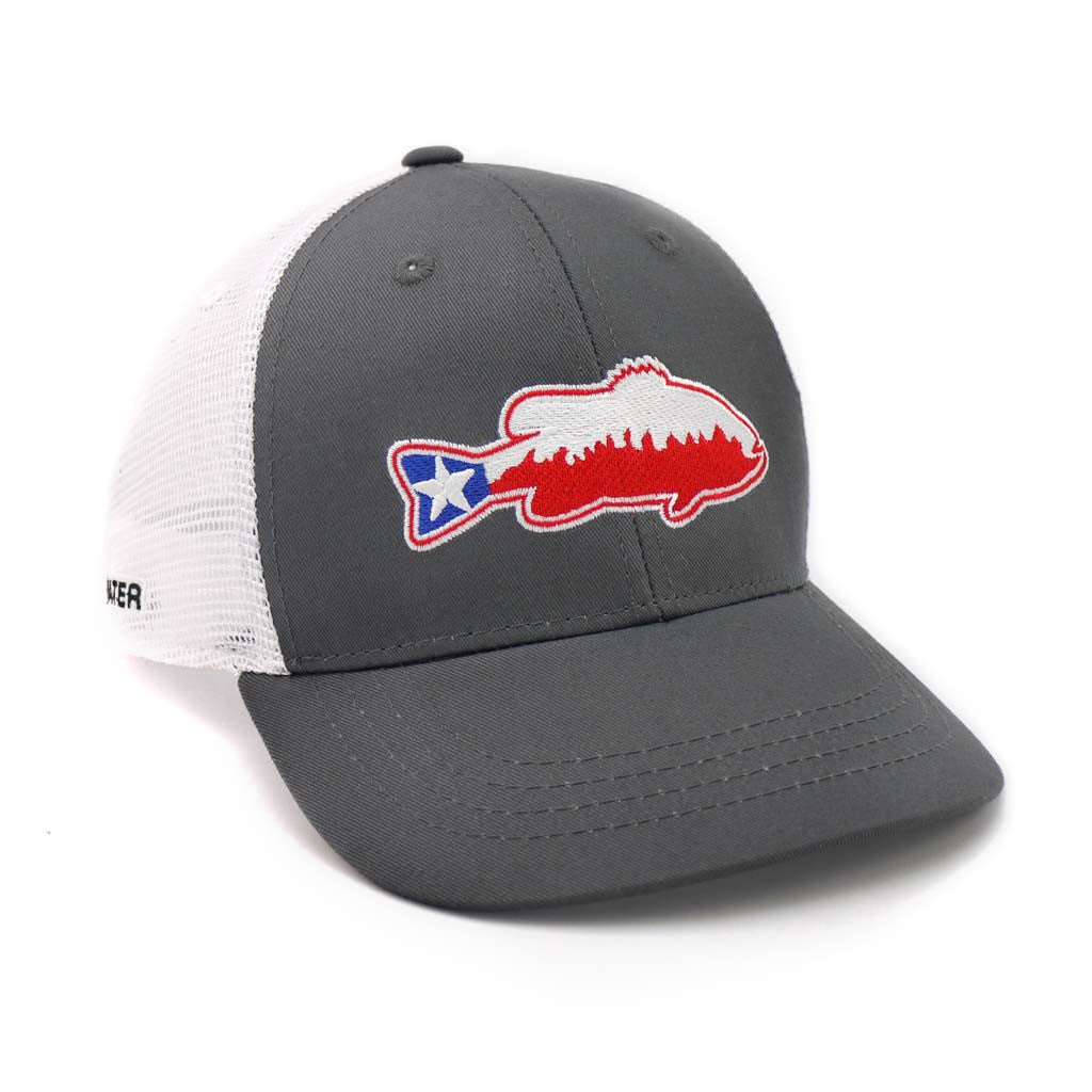 A hat with white mesh in back and gray fabric in front features a bass in the colors and design of the texas flag