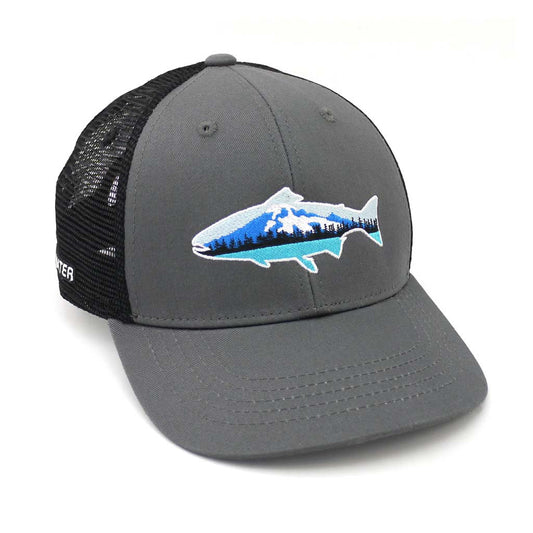 A hat with black mesh and gray fabric has a trout in front with a volcano inside of it