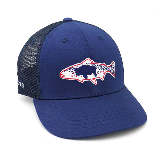 A hat with navy blue mesh in the back, navy blue fabric in the front. Embroidered design on the front is of a trout in white with a blue buffalo inside of it.