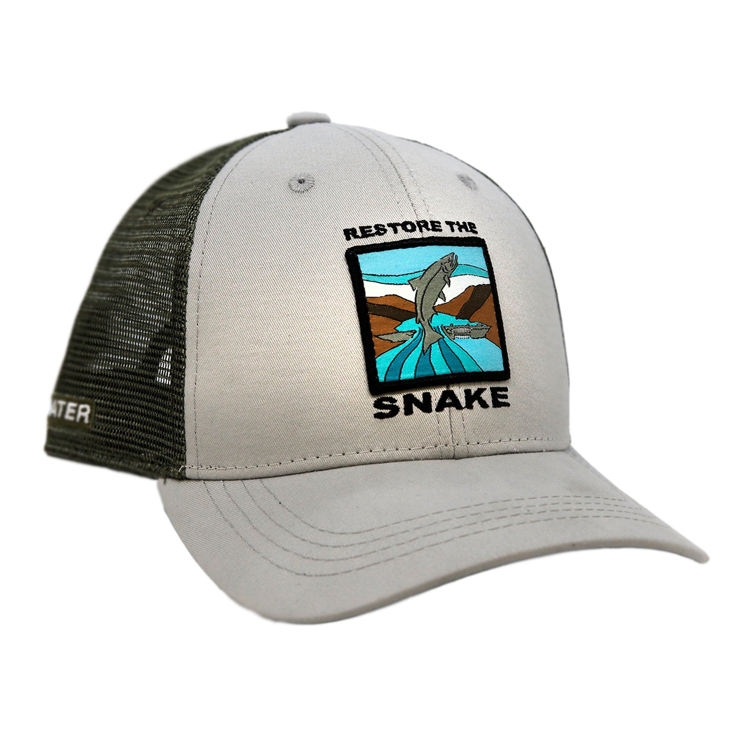 a hat with green mesh back and light grey front. the front reads restore the snake in embroidery and a trout jumping over a dam