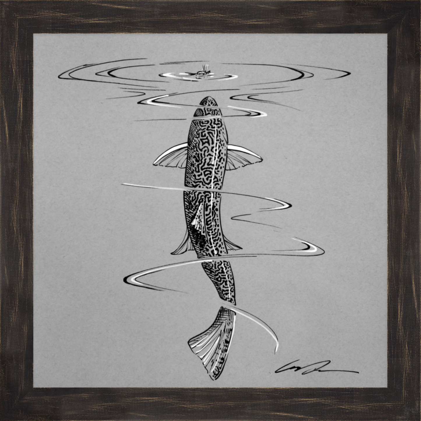 A pen and ink drawing of a brook trout rising to a fly, framed in a black rustic frame