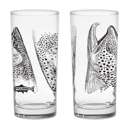 two sides of a high ball glass that show the head of a brook trout, brown trout, and rainbow troutvertically on the glass with a fish silhouette that says repyourwater