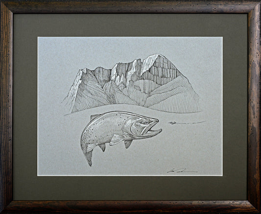 A drawing shows a cutthroat trout chasing a fly in front of a mountain scene is surrounded by a green mat and wooden frame