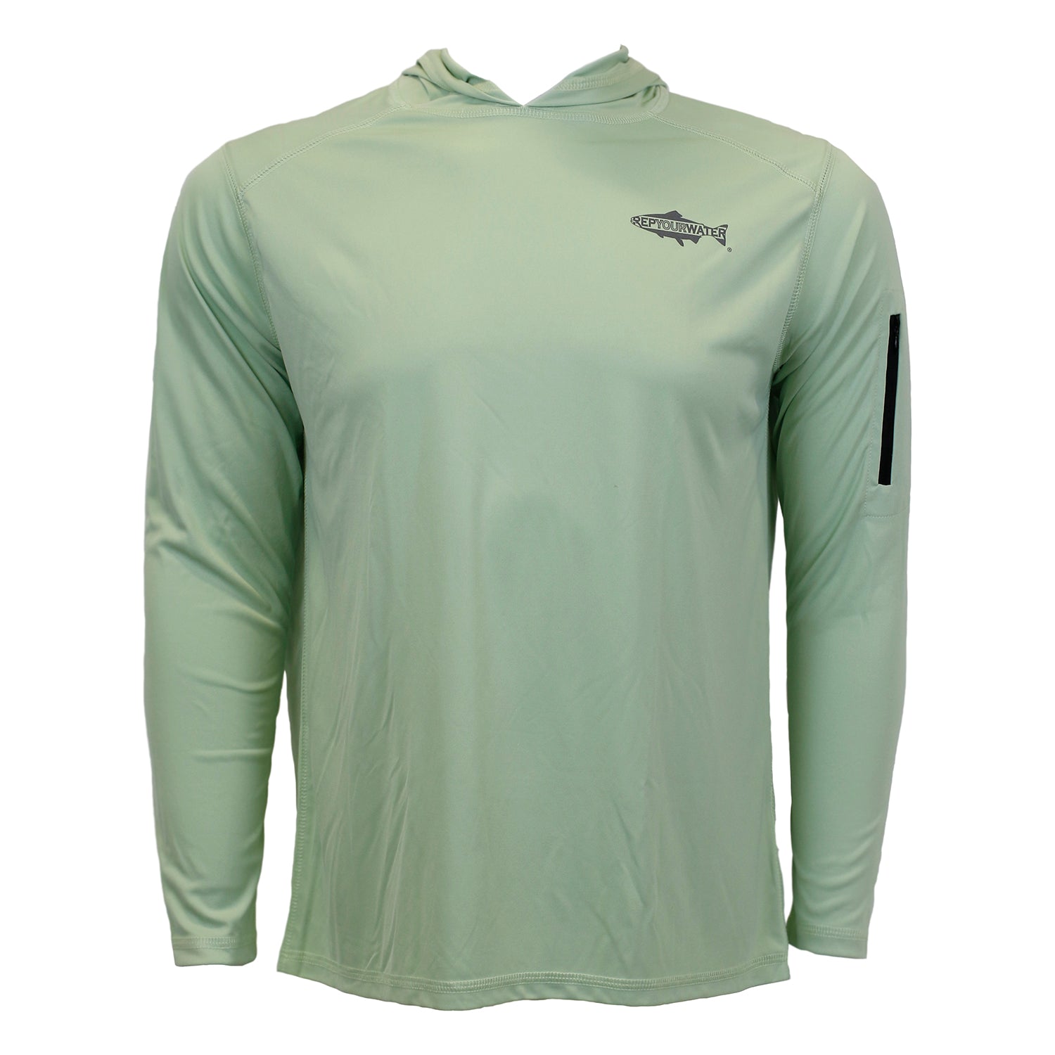 A long sleeved sun shirt, light green with a repyourwater logo on the front left chest area